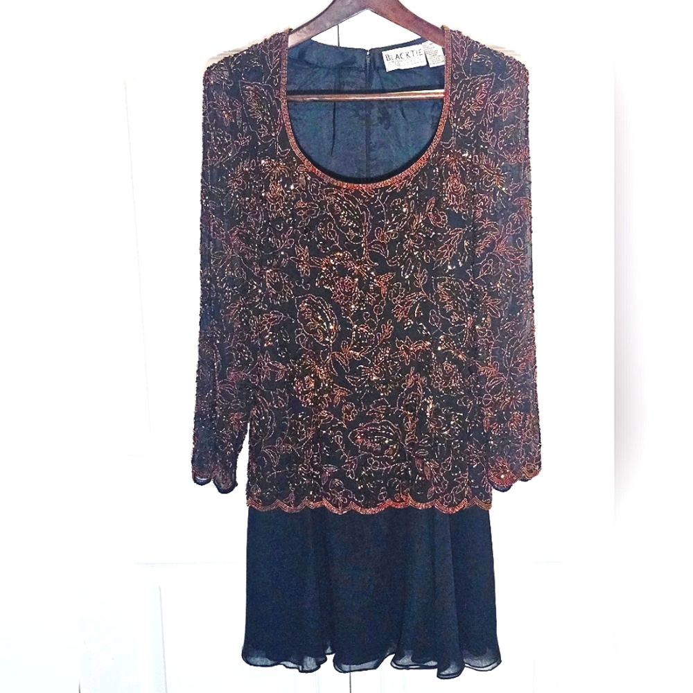 Oleg Cassini Black Tie Formal Bead Sheath Dress 8 Vintage Black Copper 1980s‎